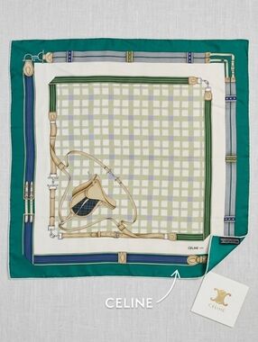 CELINE Paris Vtg Silk Scarf Equestrian Saddle Harness Motif Green Checkered 86cm